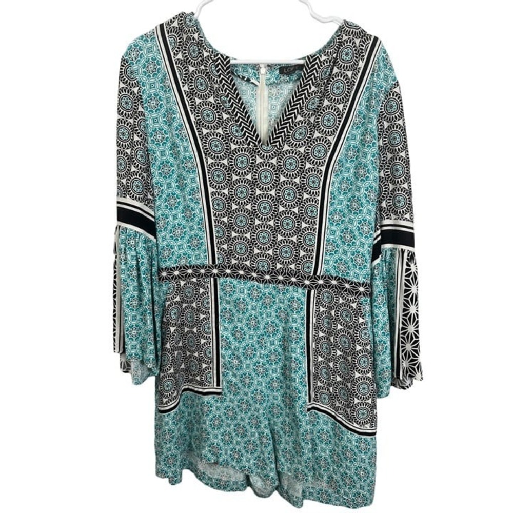 LOFT Womens Teal Black Geometric Medallion Print Bell Sleeve Romper Size M
